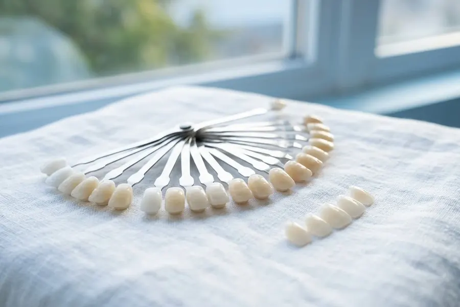 A porcelain tooth shade guide fanned out on white linen beside thin veneers.