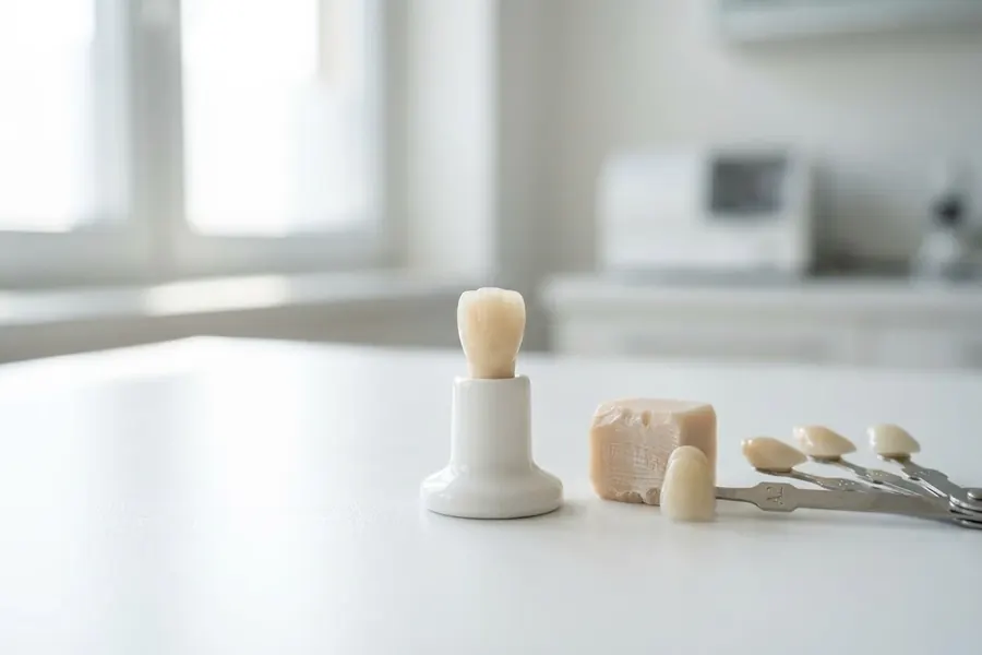 A tooth-colored ceramic crown on a small white stand beside a ceramic block.