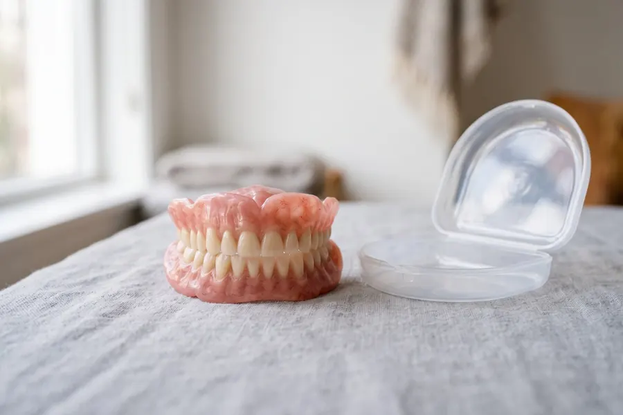 A full set of dentures on a grey linen cloth beside an open clear case.