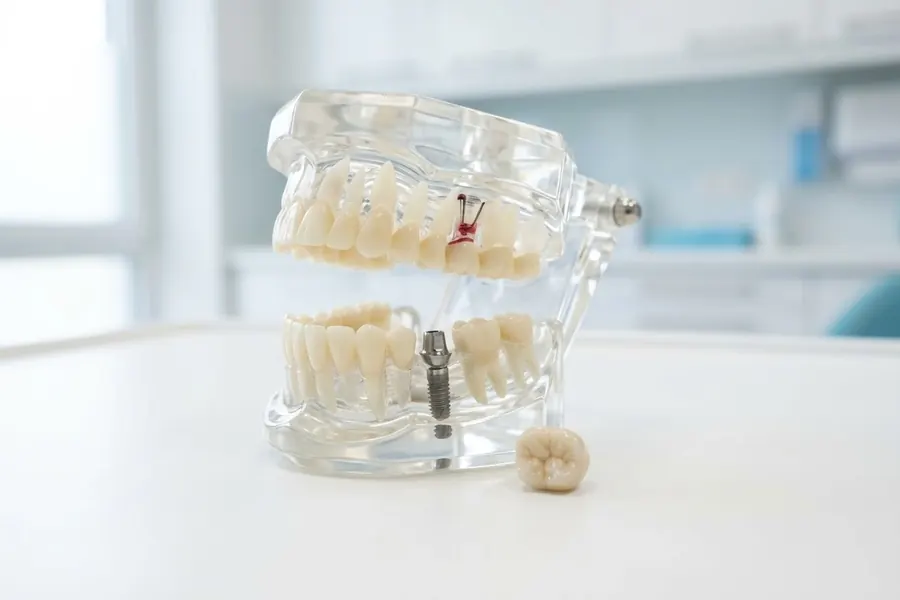 A titanium dental implant and abutment set in a clear jaw model, a ceramic crown beside it.
