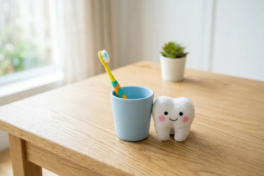 A child&rsquo;s toothbrush in a small blue cup beside a plush toy tooth on a wooden table.