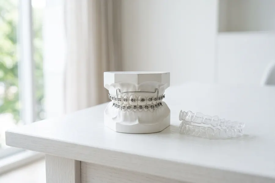 A dental model fitted with metal braces beside a clear aligner tray.