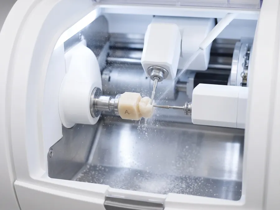 A tooth-colored ceramic block being milled into a crown by a chairside milling unit.